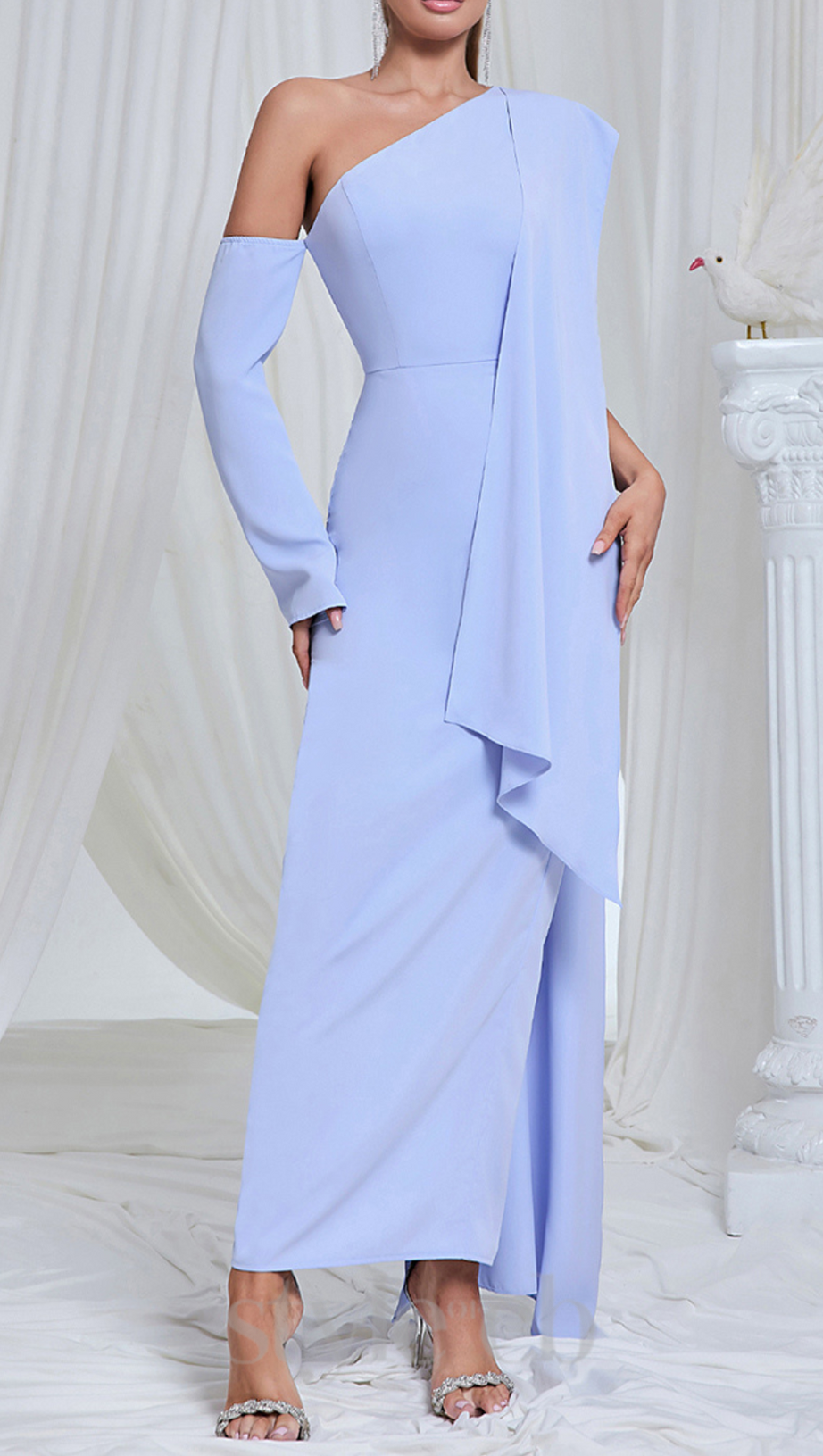 ASYMMETRIC ONE SHOULDER DRAPE MAXI DRESS IN BLUE