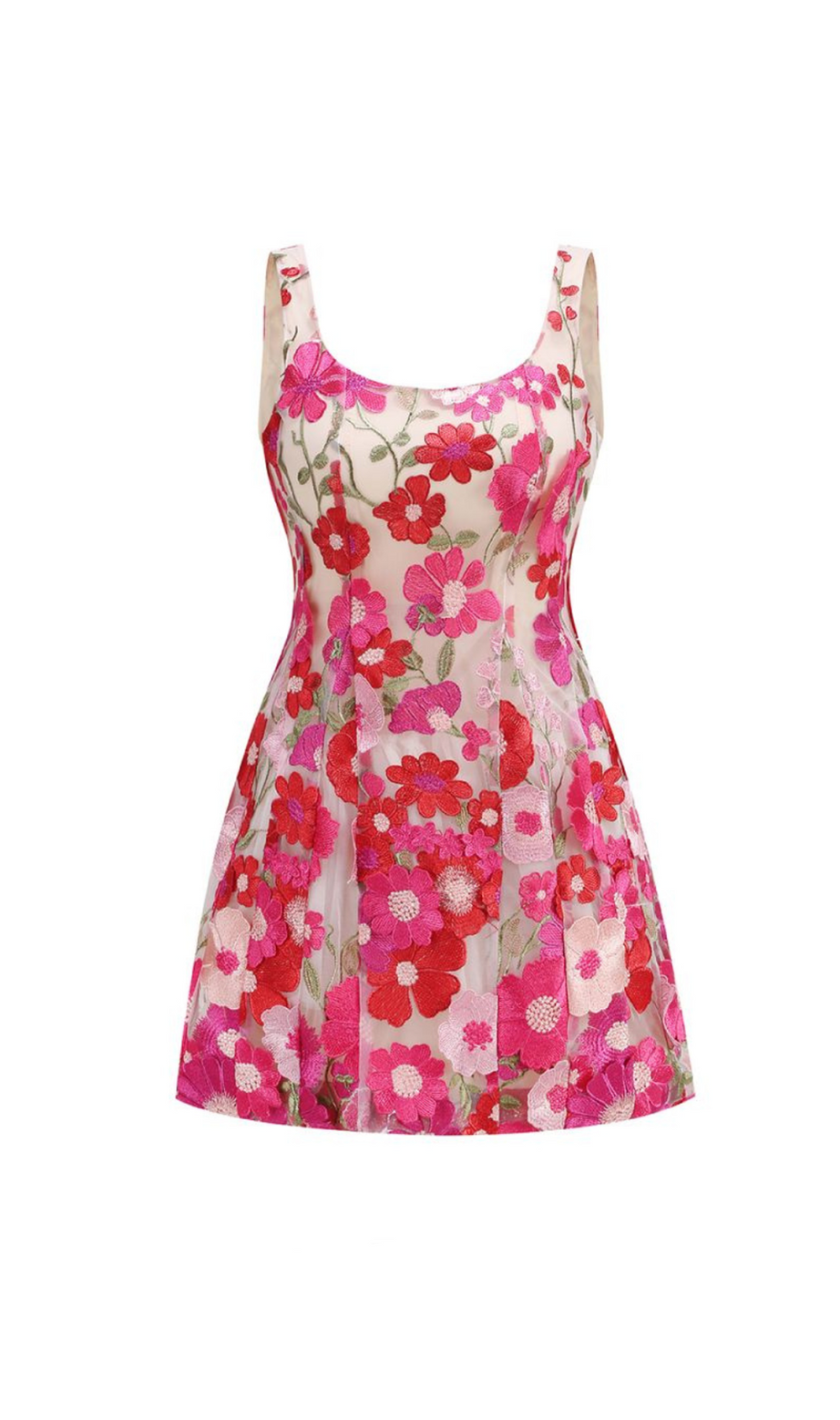 Jasmine – Mehrfarbiges rosa Minikleid mit Blumenverzierung