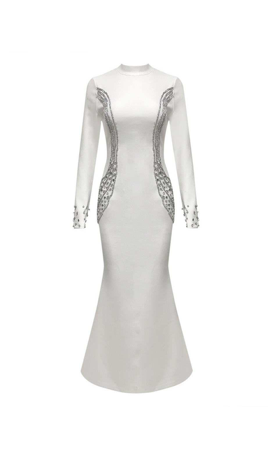 Abito lungo aderente Ashley decorato con cristalli, bianco
