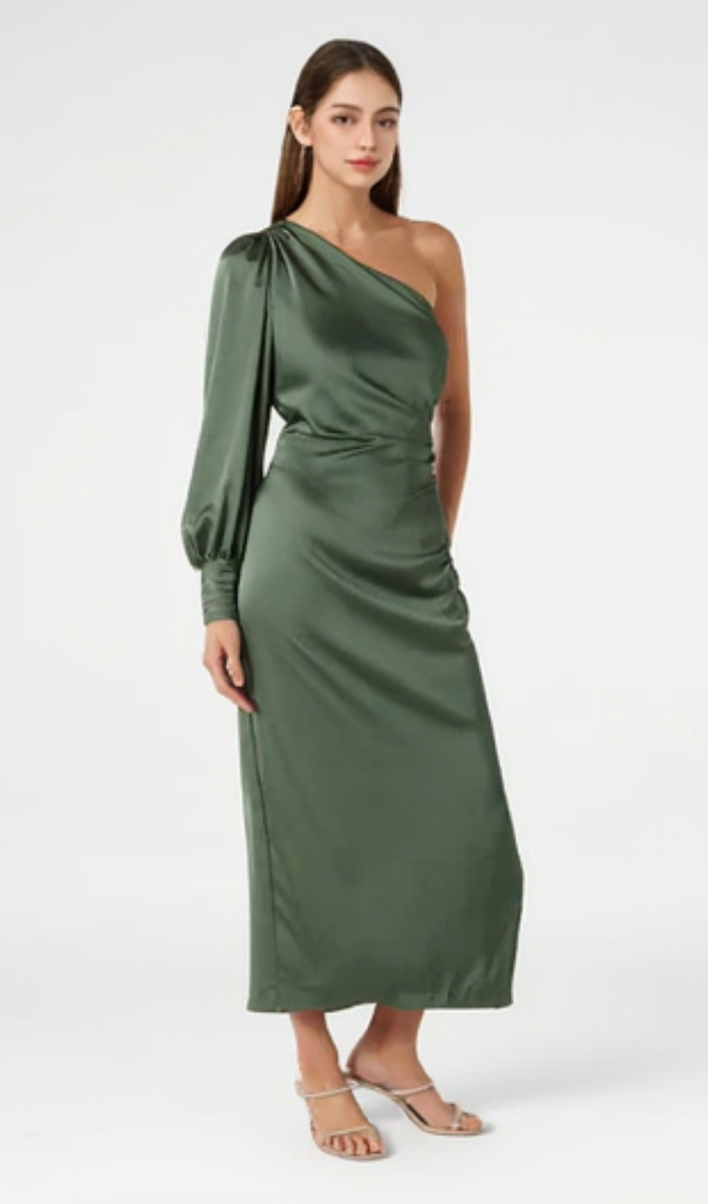 ONE-SHOULDER LONG SLEEVE MIDI DRESS IN GREEN