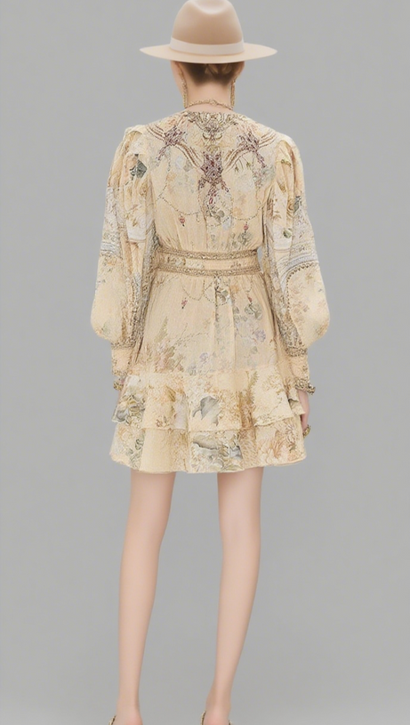 MULTICOLOR FLORAL PRINT V-NECKLINE SILK LAYER MINI DRESS