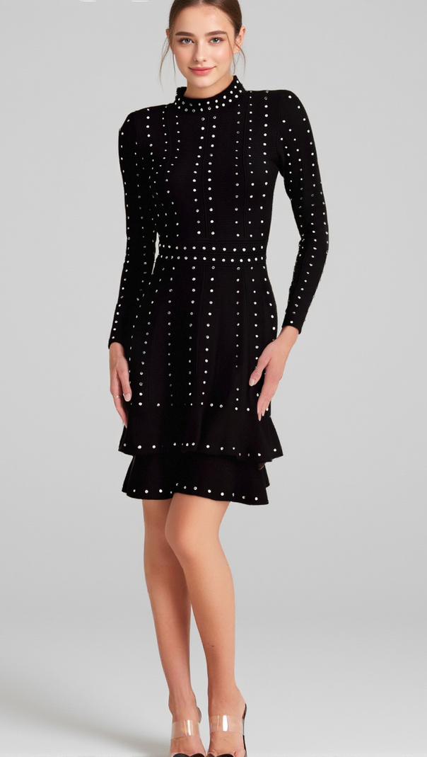 AIIZIE FABIENNE BLACK EMBELLISHED RUFFLED KNITTED MINI DRESS - product image