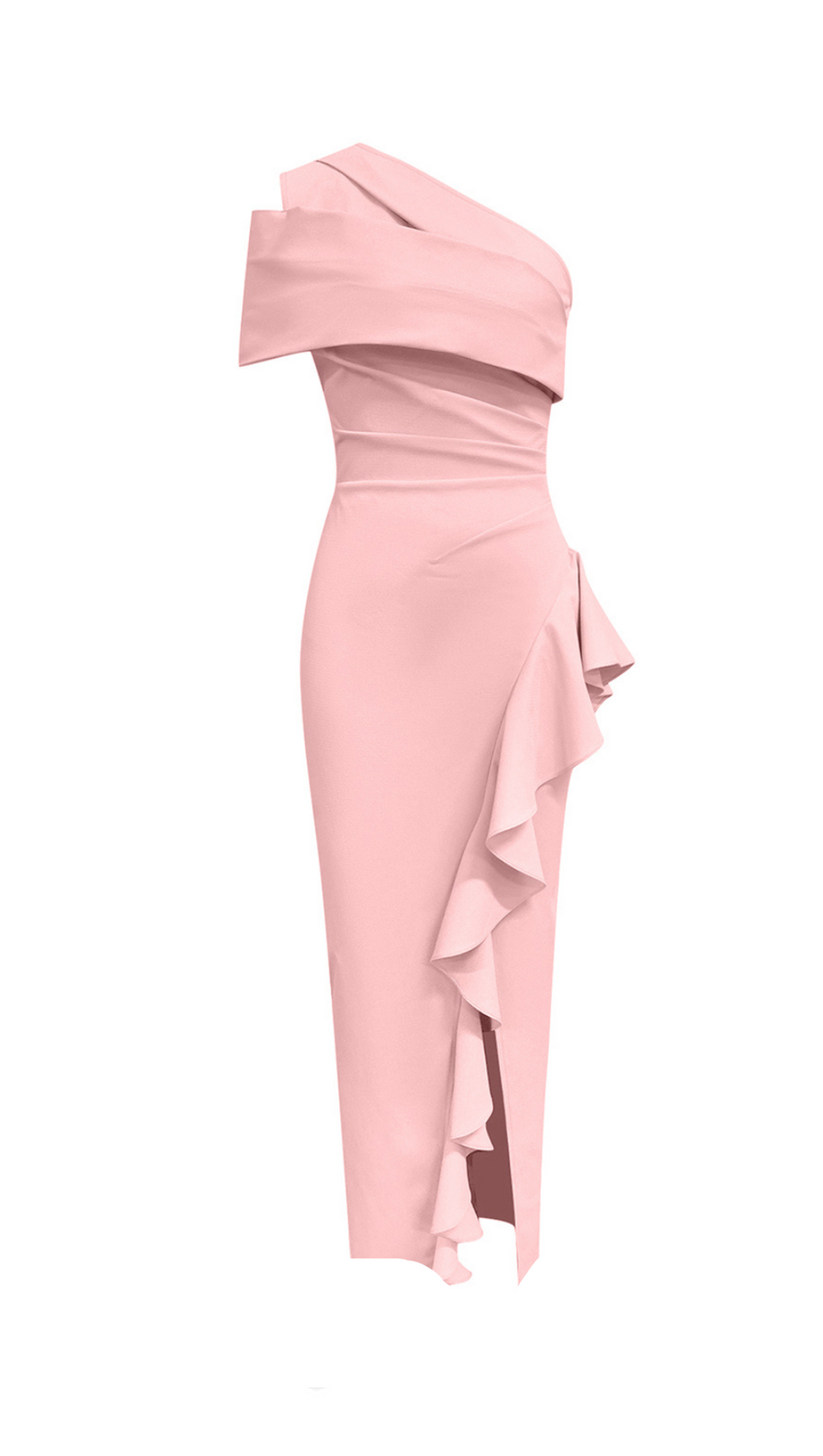 ABITO ROSA CON VOLANT, SPACCHI PLISSETTATI E SPALLE DIAGONALI