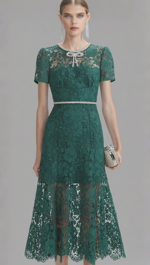 AIIZIE GREEN LACE DIAMANTE BOW MIDI DRESS - product image