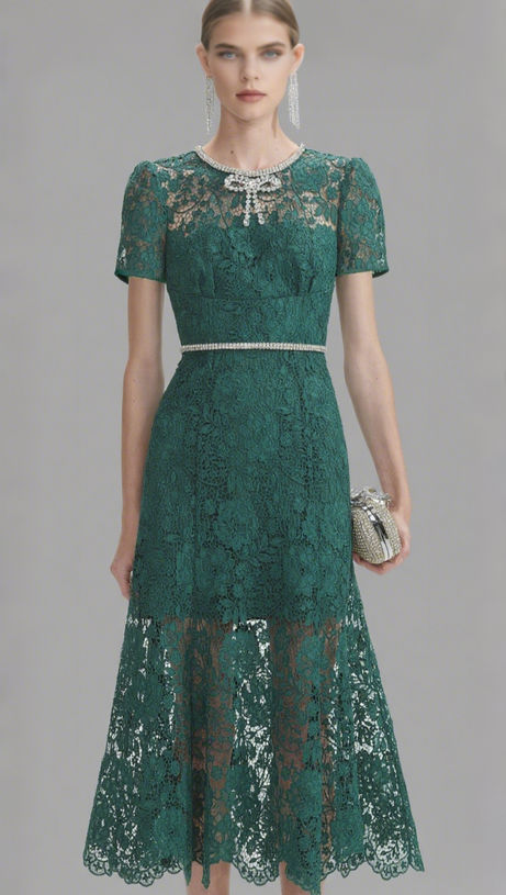 GREEN LACE DIAMANTE BOW MIDI DRESS