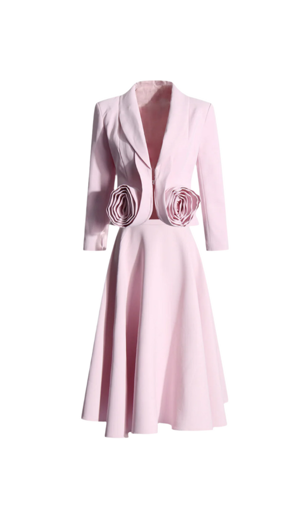 AIIZIE CAROL PINK 3D FLORAL BLAZER ＆ HIGH WAIST MIDI SKIRT SET - product image