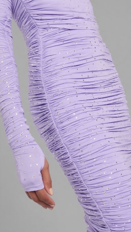 TISA CRYSTAL-EMBELLISHED RUCHED MIDI DRESS