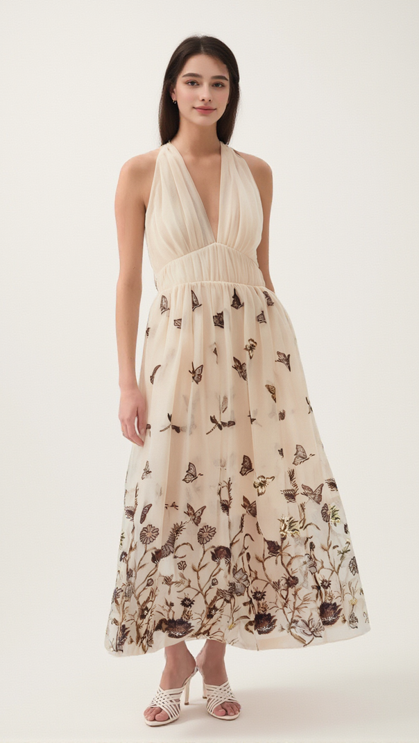 AIIZIE JOSÉPHINE HALTERNECK BUTTERFLY-MOTIF TULLE MIDI DRESS - product image