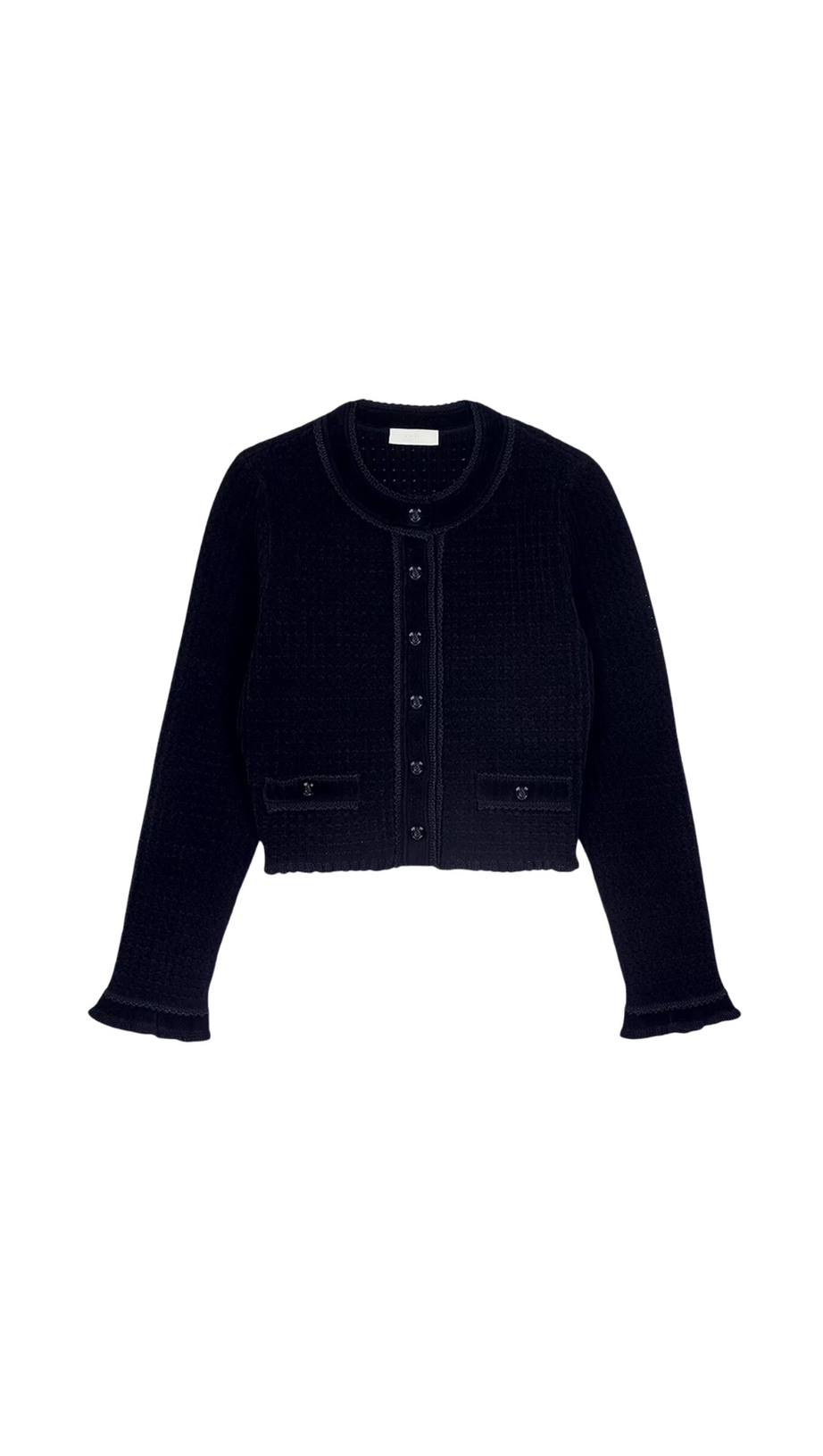 VELVET-TEXTURE CROPPED KNITTED CARDIGAN IN NOIR