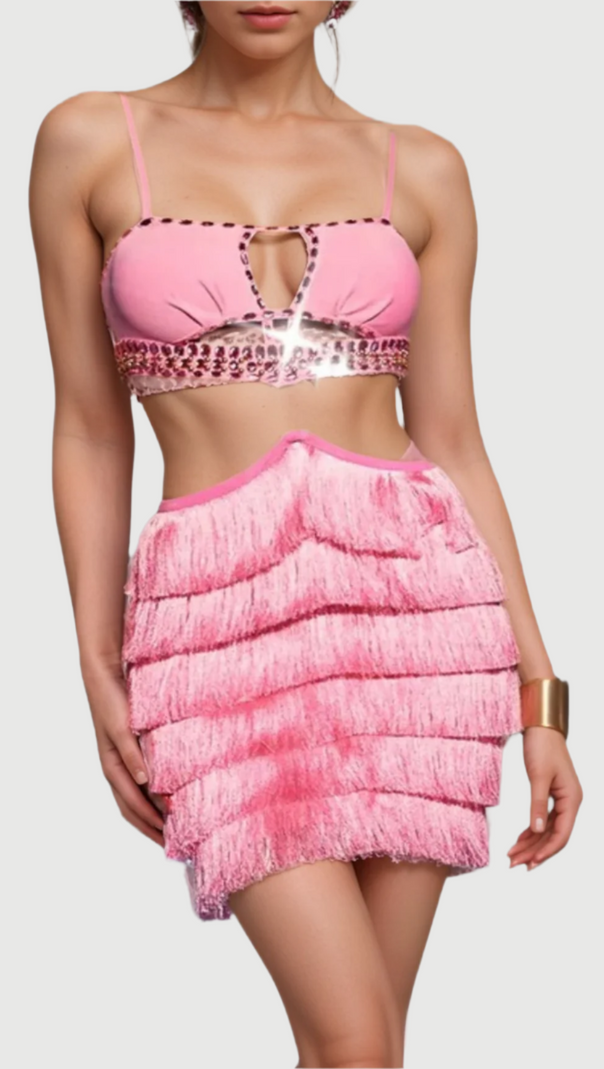 AIIZIE PINK RHINESTONE CUTOUT FRINGE DRESS - product image