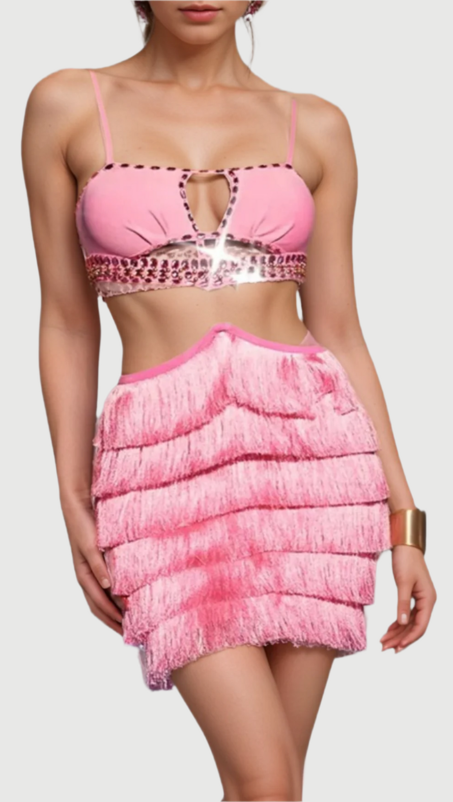 PINK RHINESTONE CUTOUT FRINGE DRESS