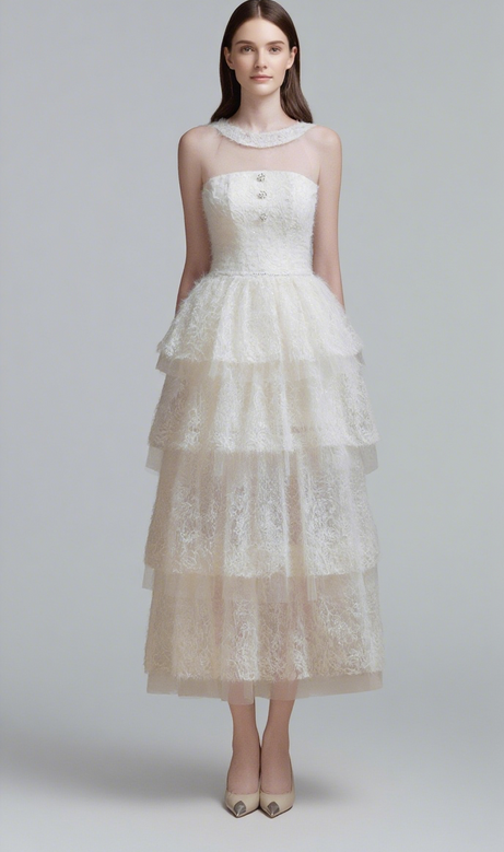 Alison – Lagenkleid mit Netznähten in Weiß