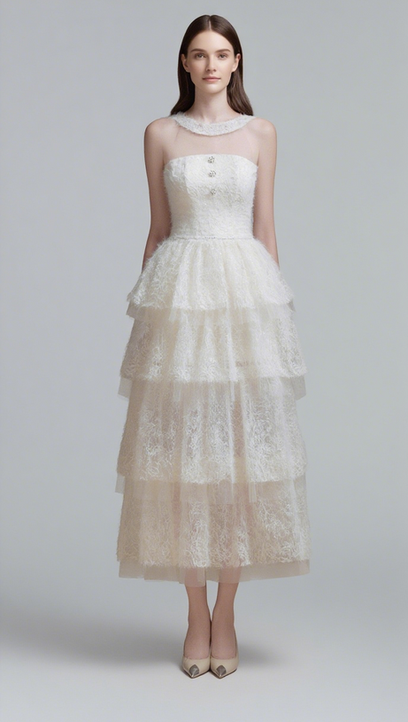 ALISON MESH STITCHING LAYER DRESS IN WHITE