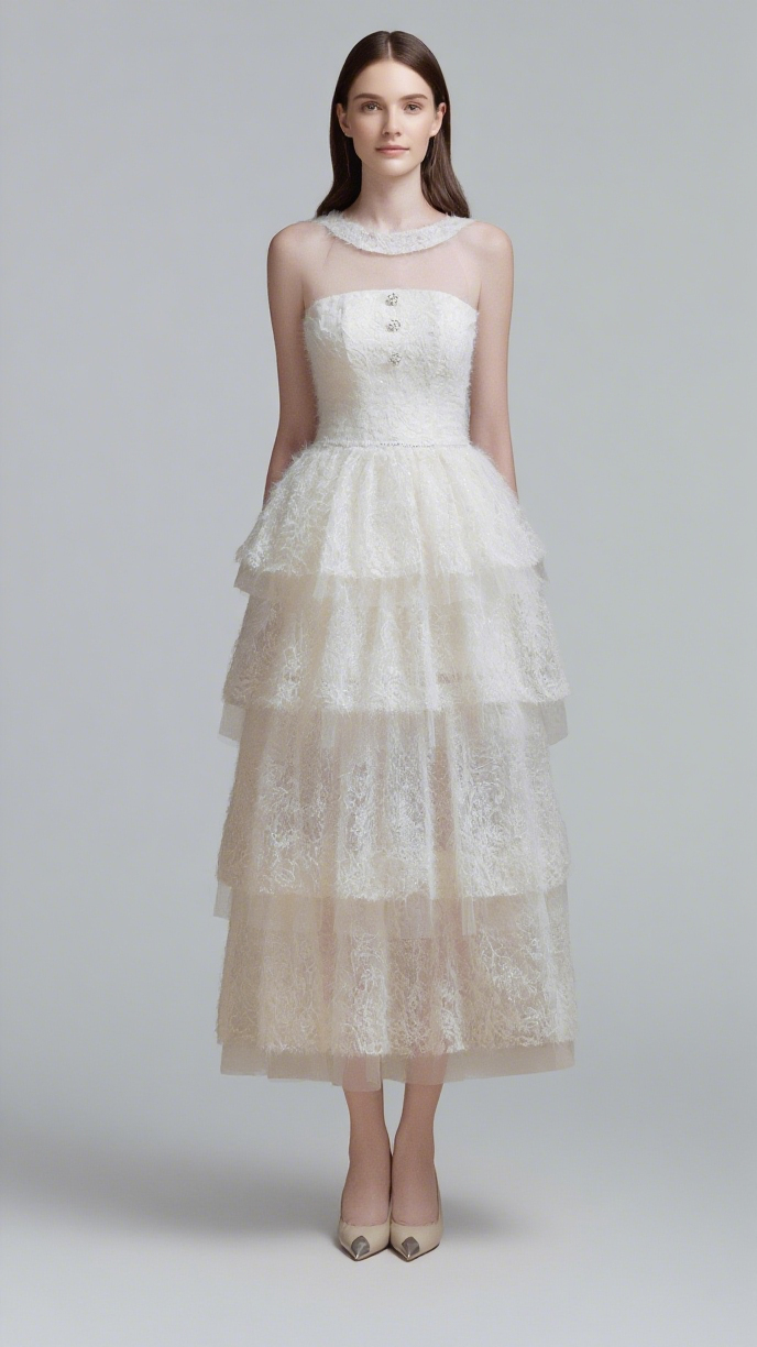 Alison – Lagenkleid mit Netznähten in Weiß