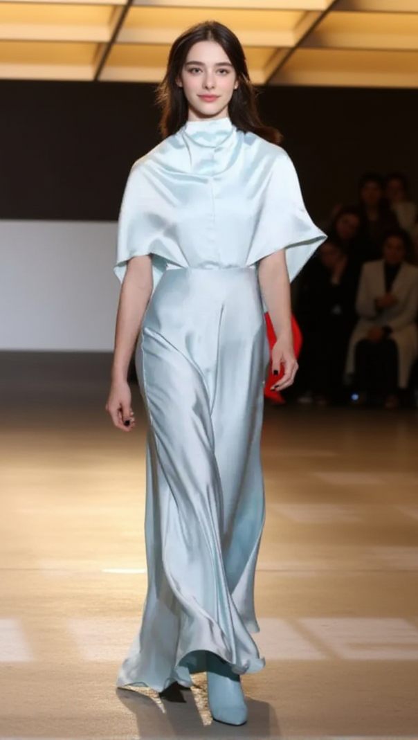 AIIZIE GLOSSY SILK TWILL SATIN CAPE MAXI DRESS IN PALE BLUE - product image