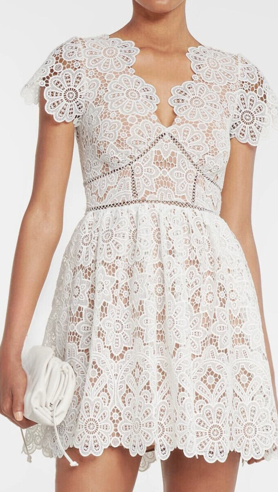 WHITE FLORAL GUIPURE MINI DRESS