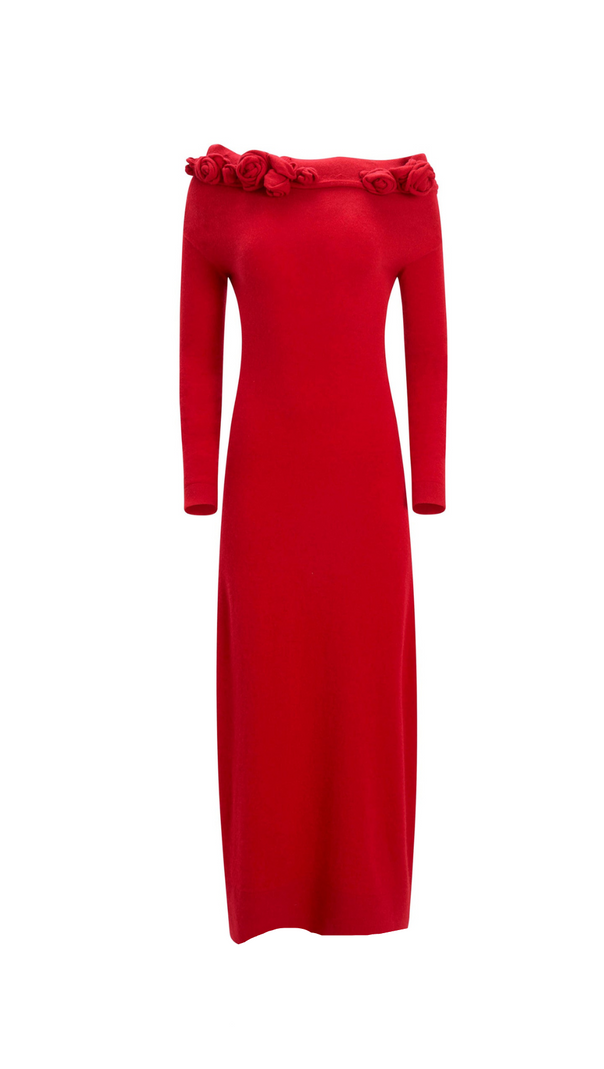 AIIZIE OFF-SHOULDER FLORAL EMBELLISHED RUCHED MAXI DRESS IN RED - product image