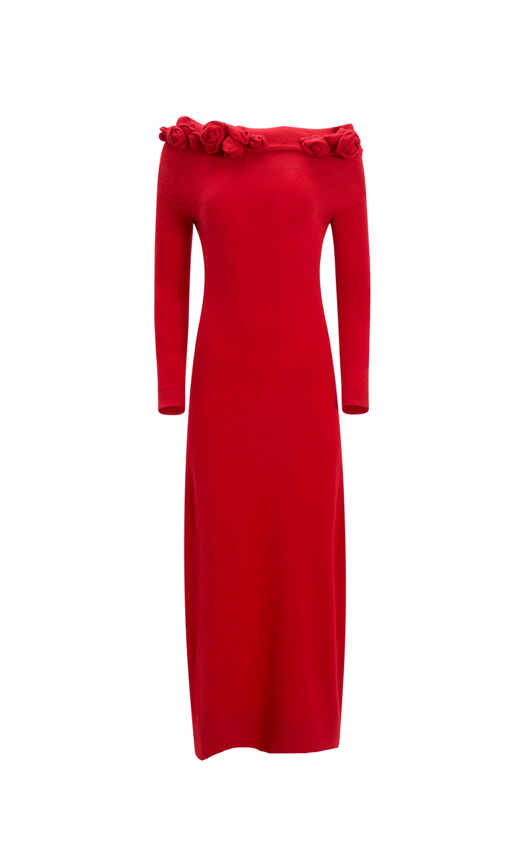 OFF-SHOULDER FLORAL EMBELLISHED RUCHED MAXI DRESS IN RED