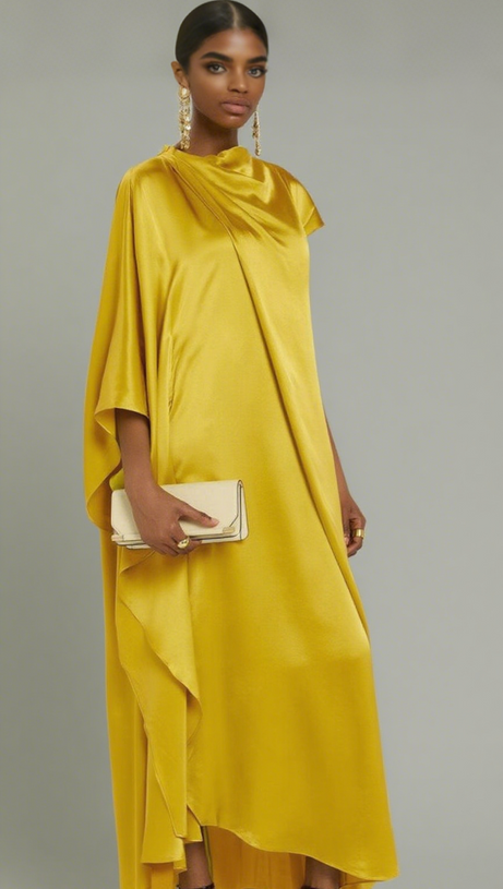 ABITO LUNGO IN SETA DRAPPEGGIATA GIALLA