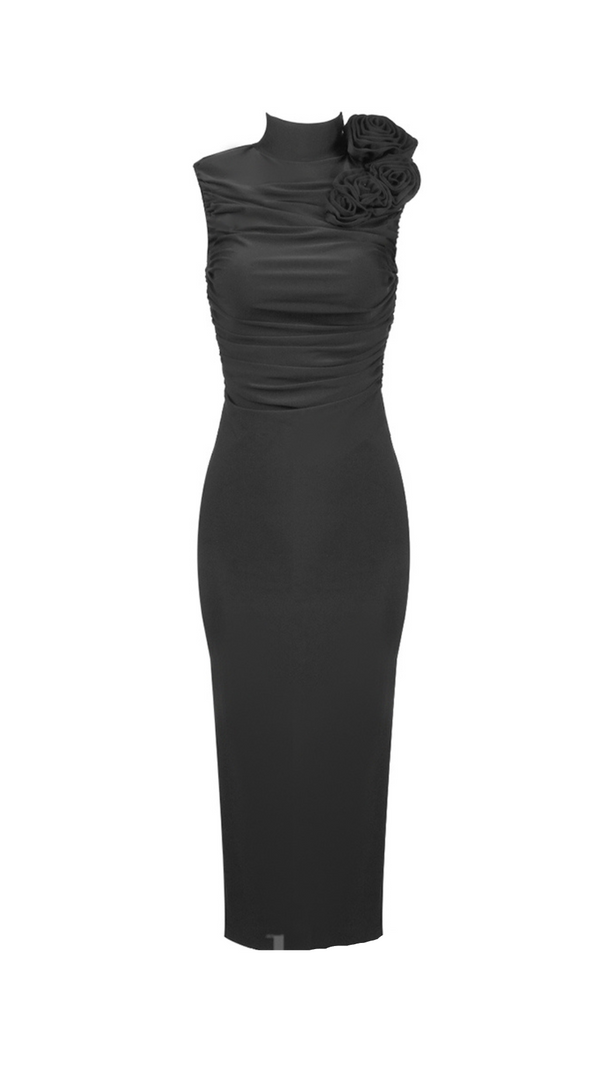 AIIZIE ADORA FLOWER EMBELLISHED RUCHED MIDI DRESS IN BLACK - product image