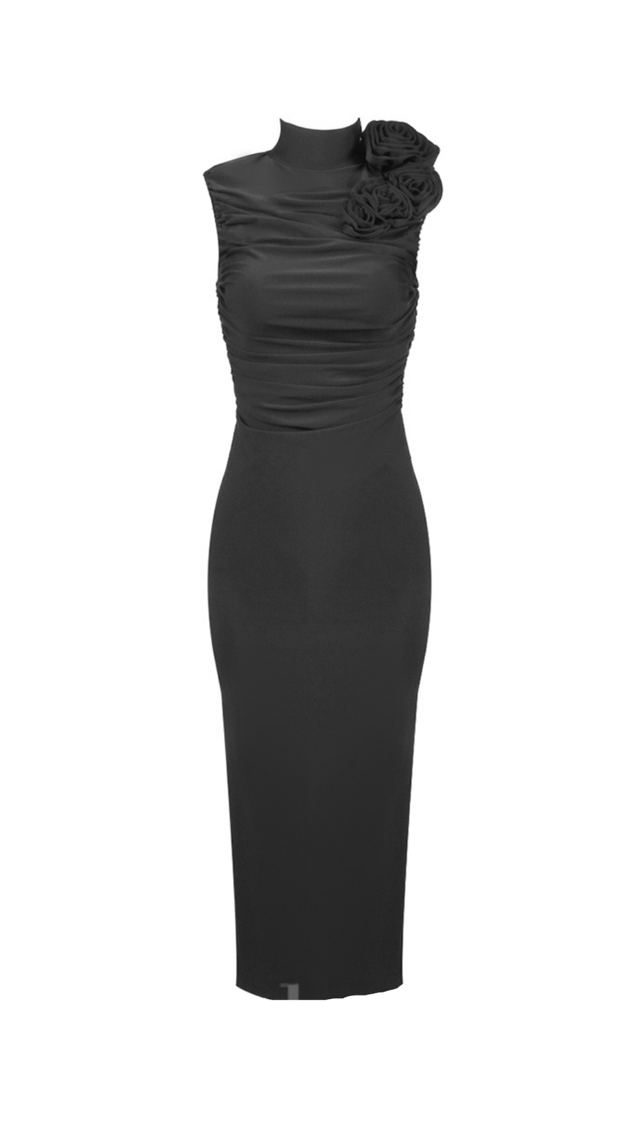 ADORA FLOWER EMBELLISHED RUCHED MIDI DRESS IN BLACK
