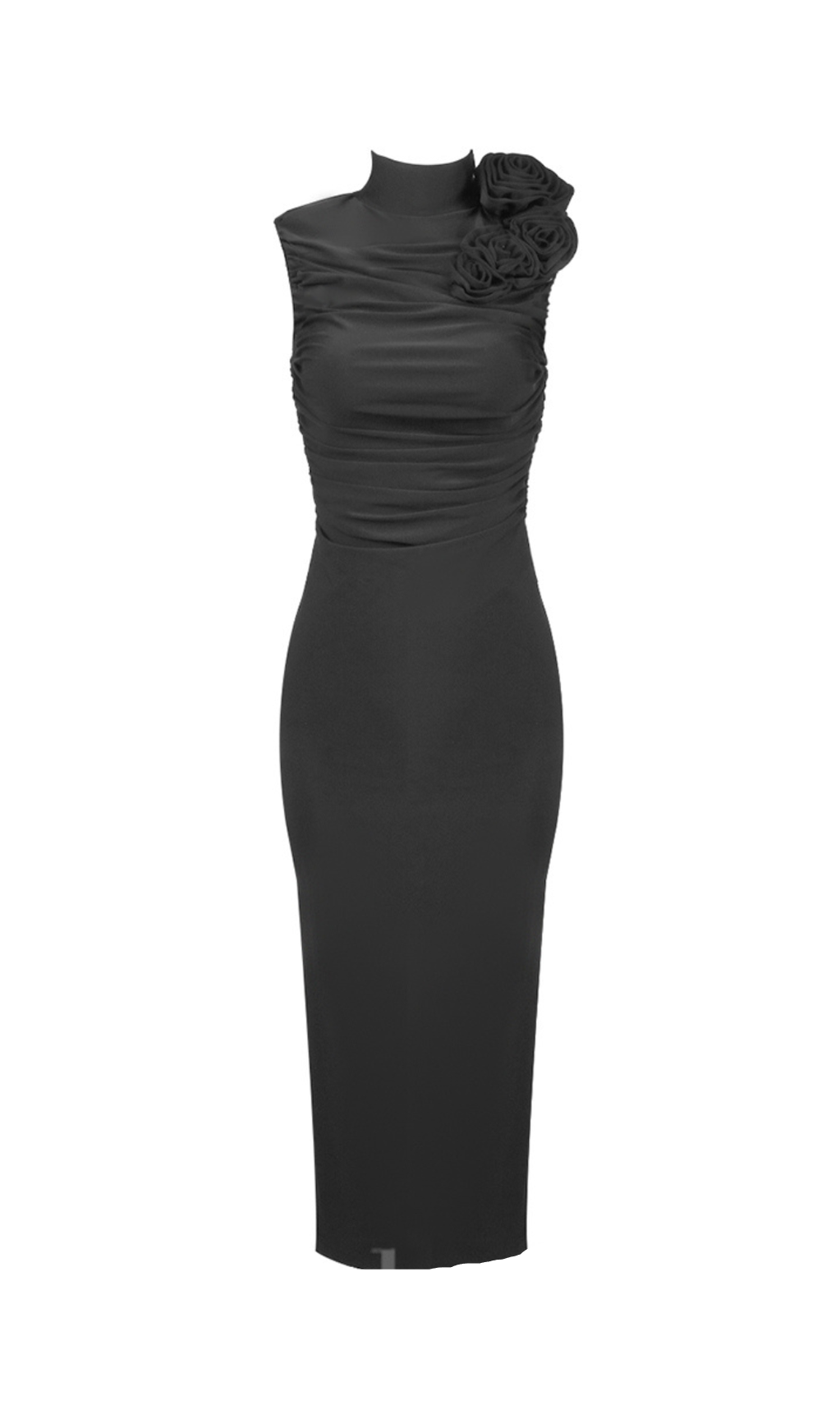 ADORA FLOWER EMBELLISHED RUCHED MIDI DRESS IN BLACK
