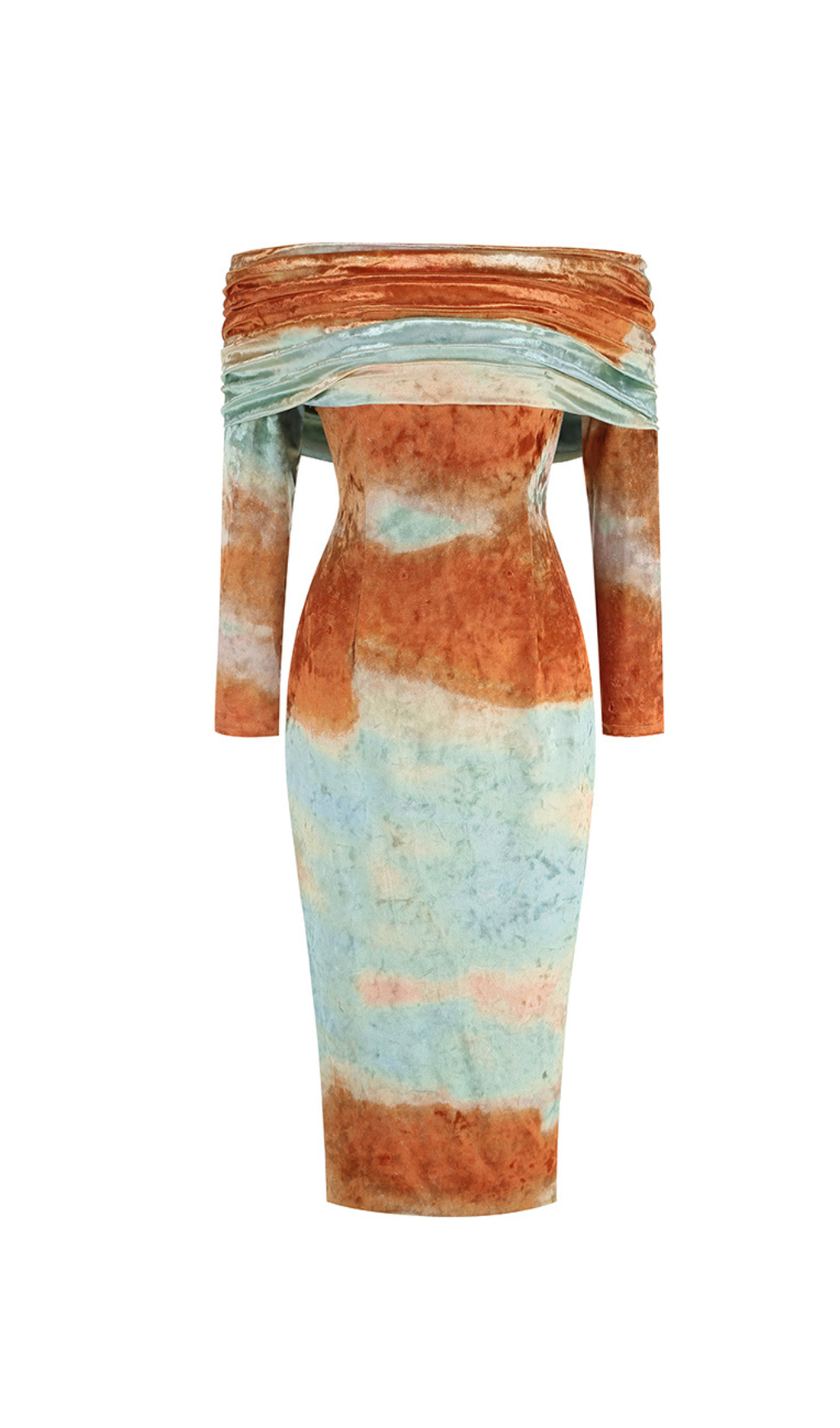 RUCHED VELVET STRAPLESS MIDI DRESS IN GREEN BROWN