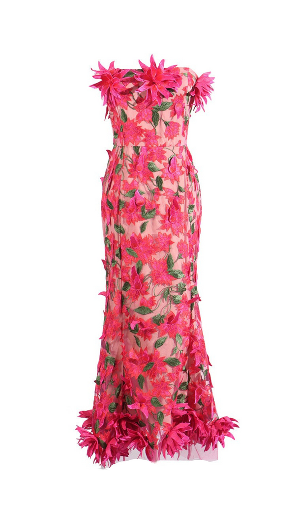 AIIZIE 3D FLOWER EMBROIDERY STRAPLESS MIDI DRESS IN ROSE RED - product image