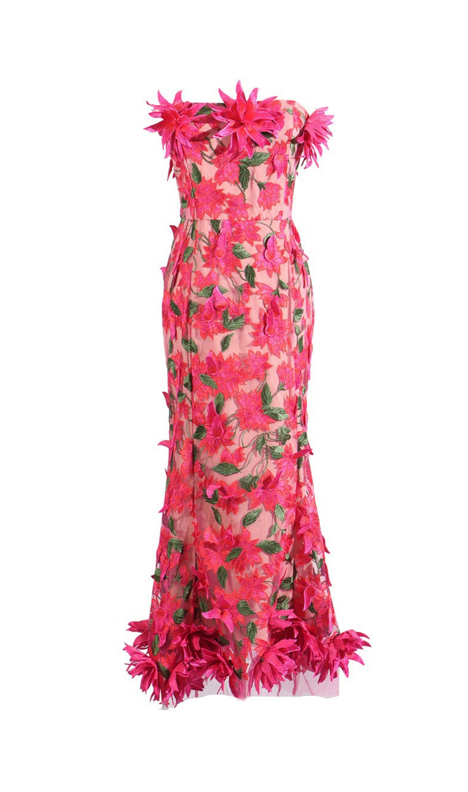 Abito midi senza spalline con ricamo floreale 3D in rosso rosa
