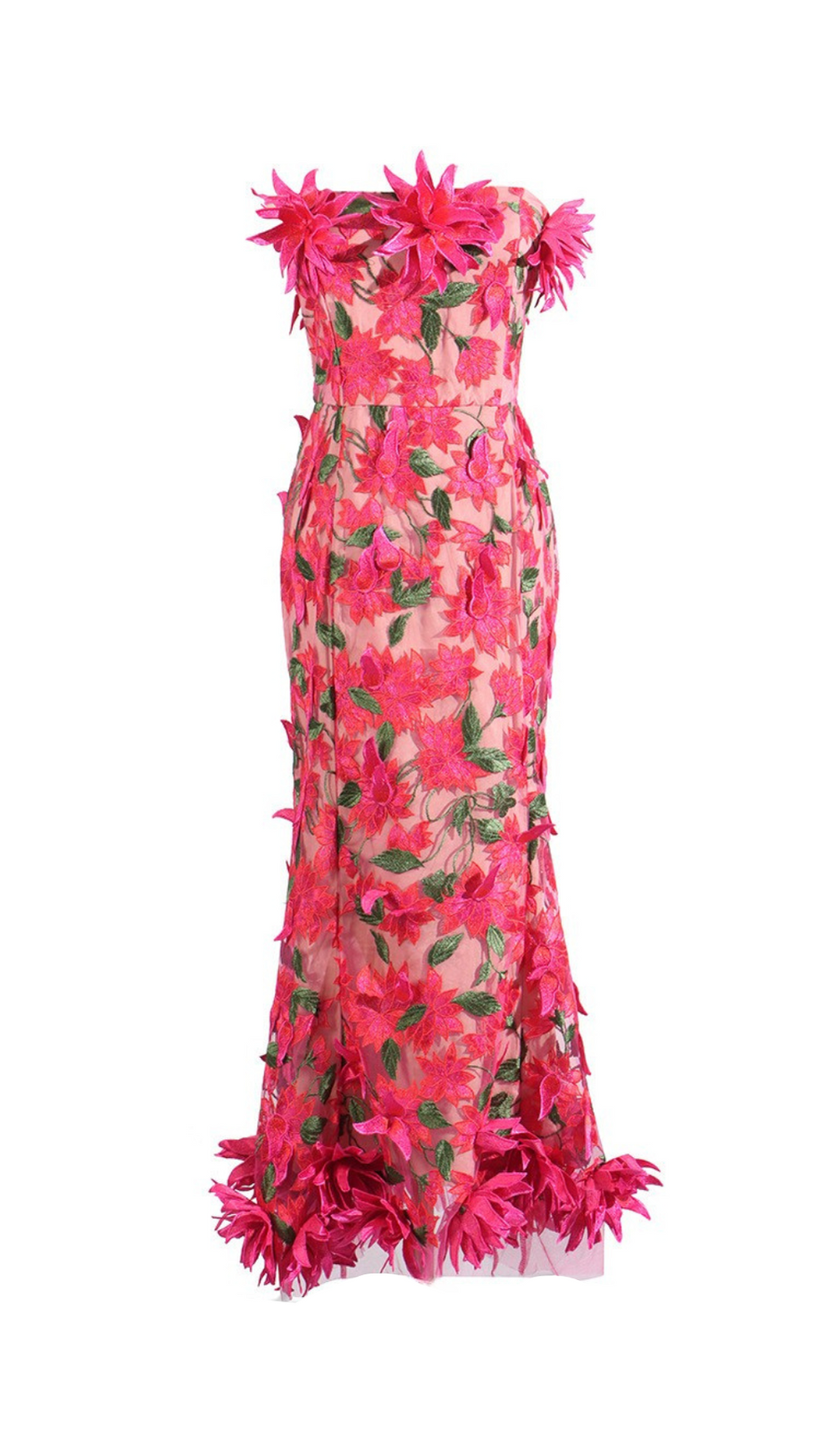 Trägerloses Midikleid mit 3D-Blumenstickerei in Rosarot