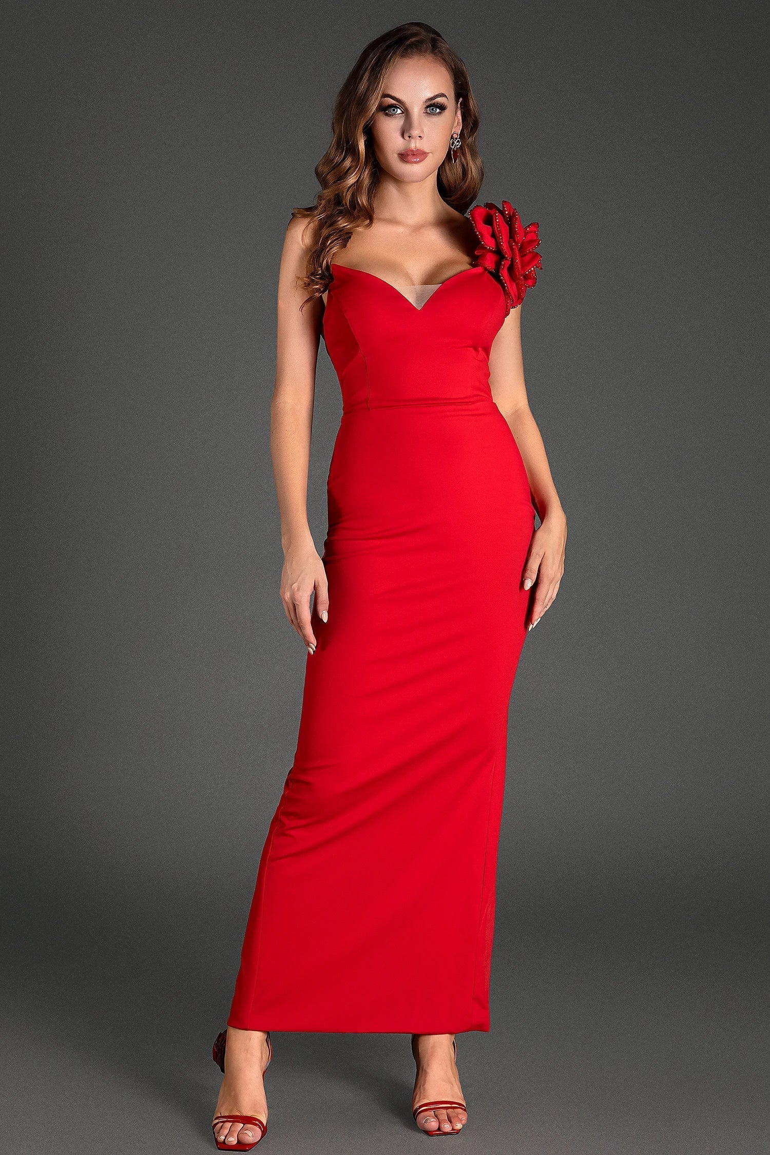 CHRONIADE 3D FLOWER RUCHED MAXI DRESS