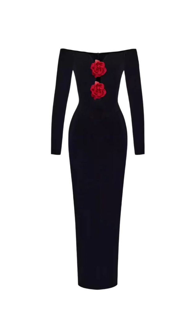 AIIZIE ZANNA OFF SHOULDERS FLOWERS VELVET MAXI DRESS IN BLACK - product image