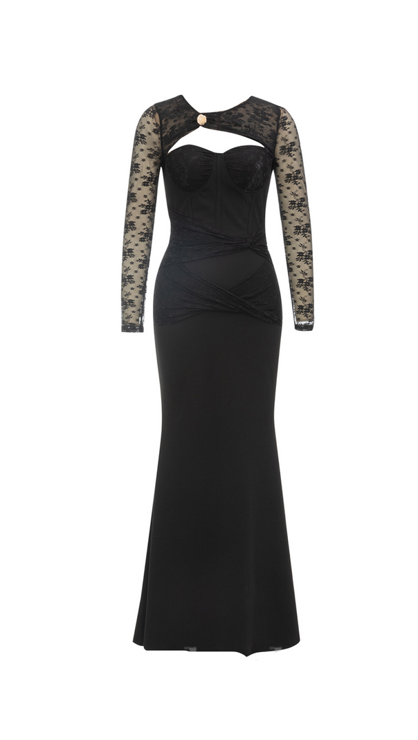 AIIZIE JACQUELINE TULLE SLEEVE BANDAGE MAXI DRESS IN BLACK - product image