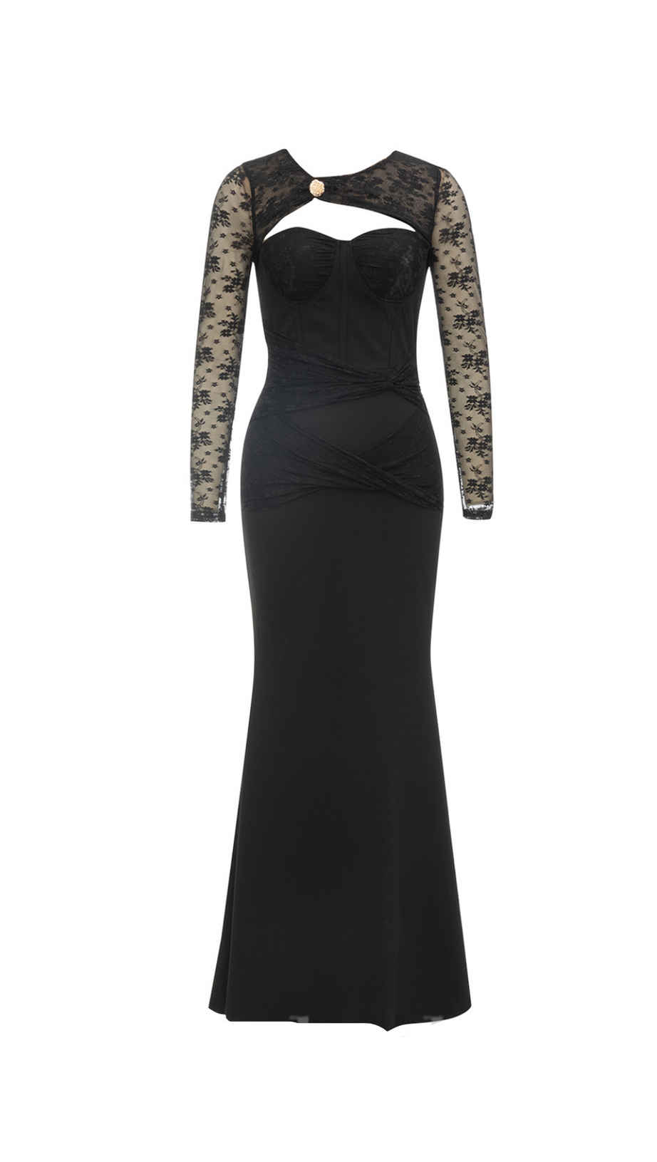 JACQUELINE TULLE SLEEVE BANDAGE MAXI DRESS IN BLACK