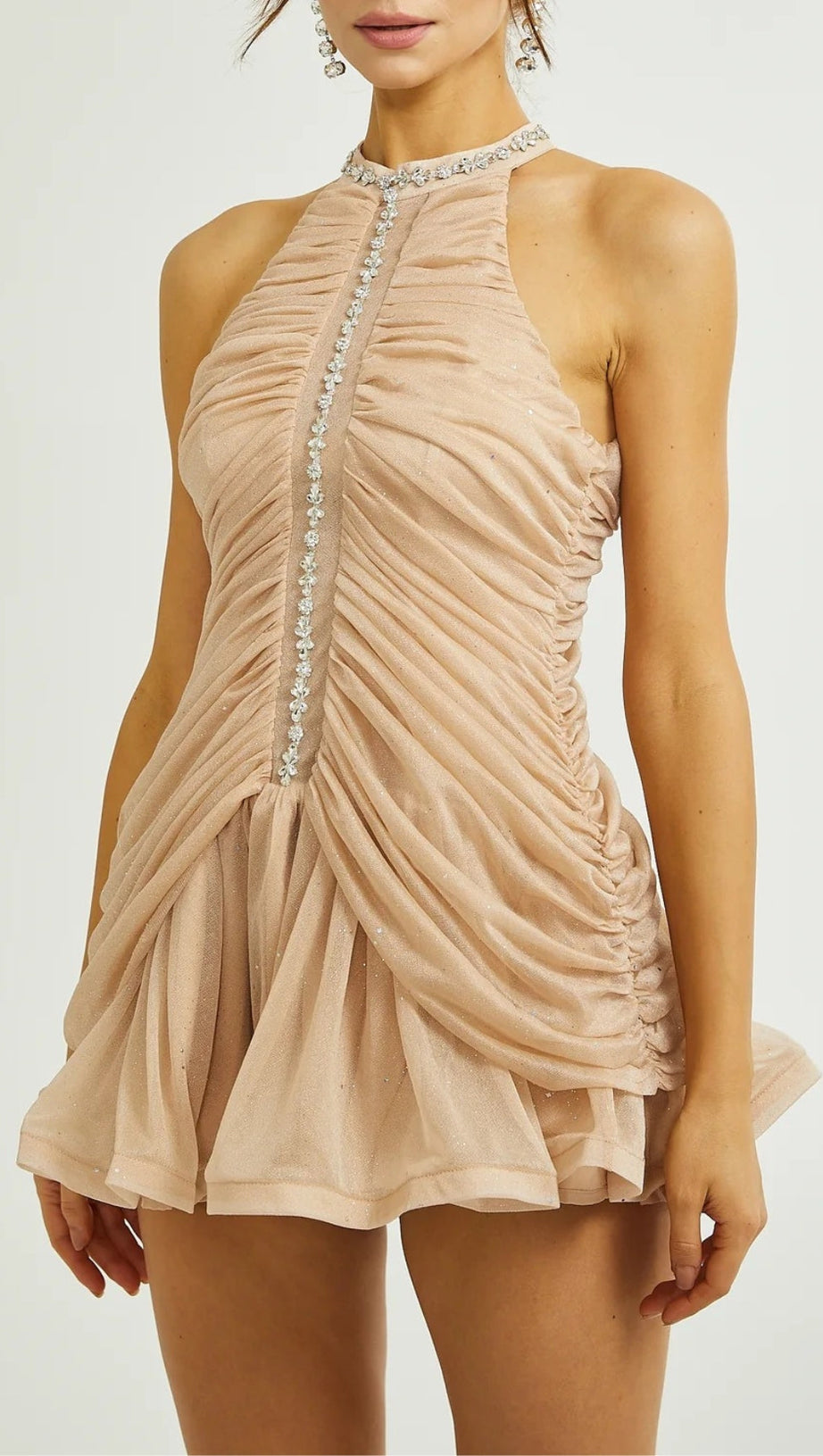 CHAMPAGNE AMENAE EMBELLISHED RUCHED MINI DRESS