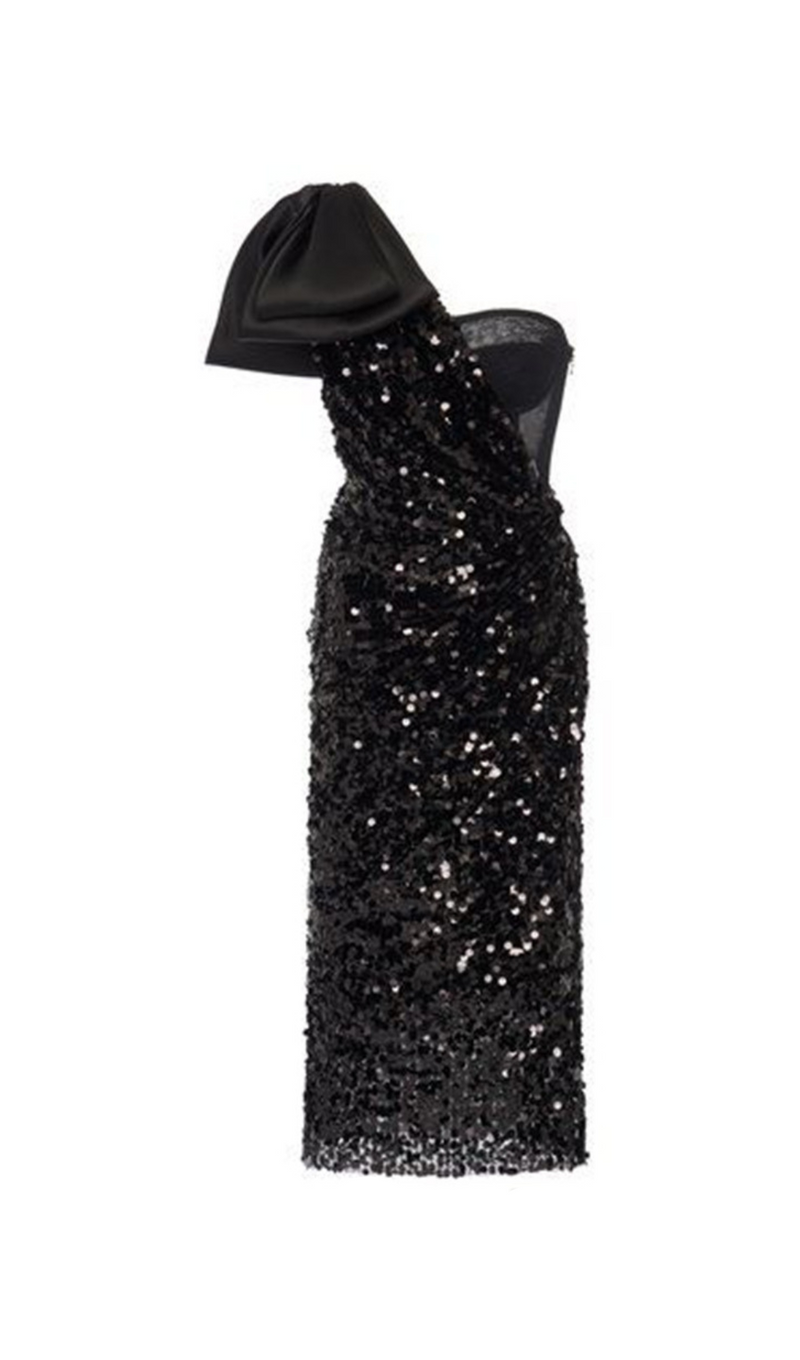 MARY BLACK SEQUINED LONGUETTE DRESS WITH BOW