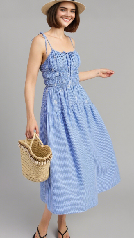 SIMONA EMBROIDERED STRIPES MIDI DRESS IN BLUE