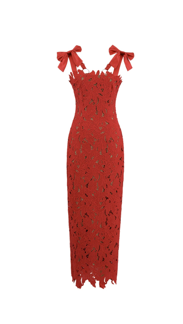 AIIZIE HERMOSA BOW STRAP EMBROIDERED LACE MAXI DRESS IN RED - product image