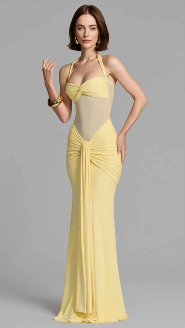 AIIZIE HALTER NECK TWIST CUTOUT RUCHED MAXI DRESS IN YELLOW - product image