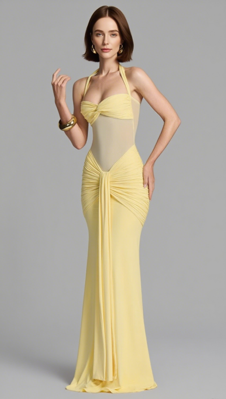 HALTER NECK TWIST CUTOUT RUCHED MAXI DRESS IN YELLOW