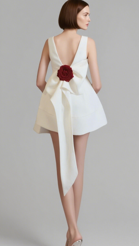 JOANNA BACKLESS FLOWER BOW EMBELLISHED MINI DRESS IN WHITE