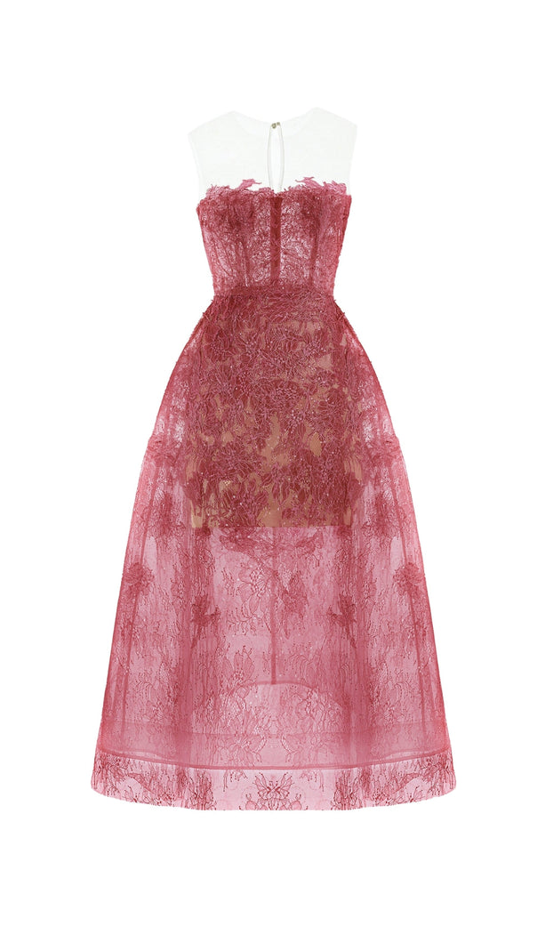 AIIZIE RED FLORAL LACE EMBROIDER MIDI DRESS - product image