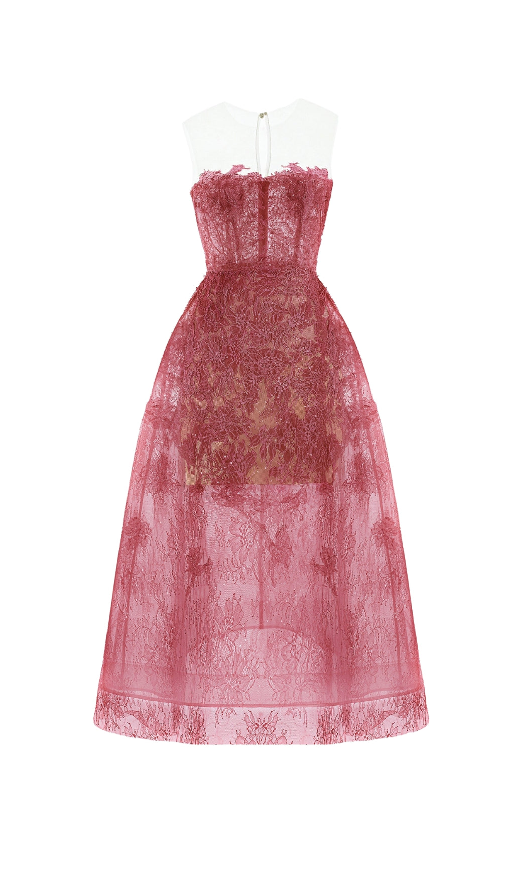 ROTES MIDIKLEID MIT BLUMENSTICKEREI