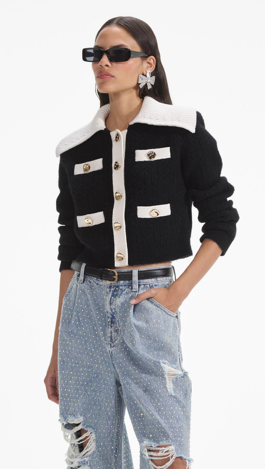 BLACK CONTRAST CASHMERE BLEND CARDIGAN