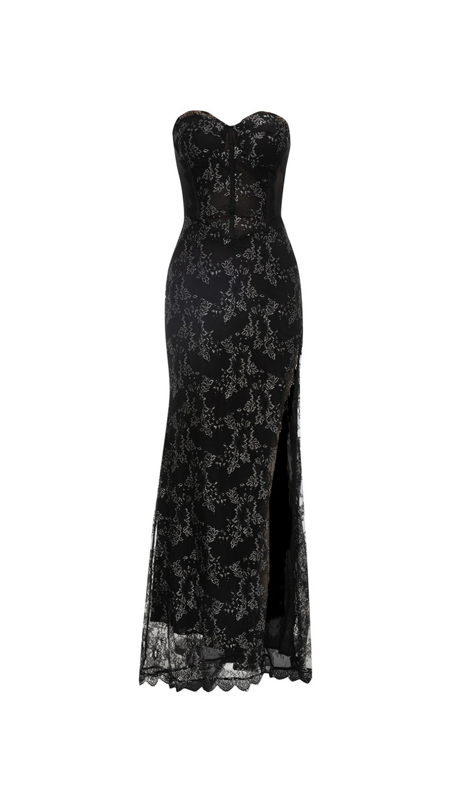 CLAIRE BLACK MESH PATCHWORK STRAPLESS MAXI DRESS