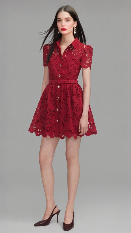Burgunderrotes Minikleid mit Spitzenkragen