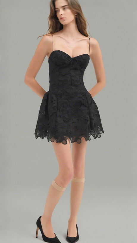 LACE HOLLOW SLEEVELESS MINI DRESS IN BLACK