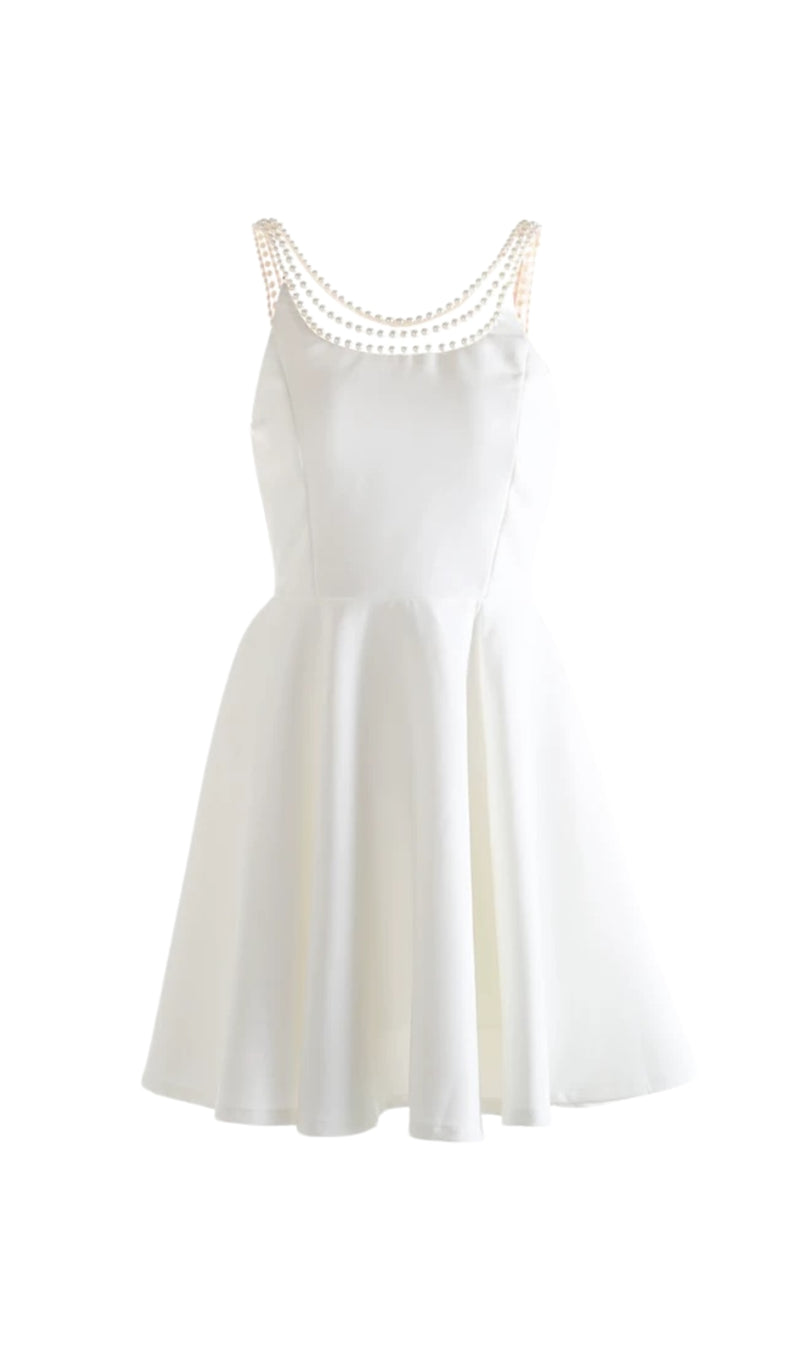 camille Open Back Pearl Embelished Mini Dress in white