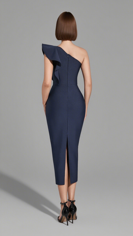 One-Shoulder-Midikleid mit Strassbesatz und Rüschen in Marineblau