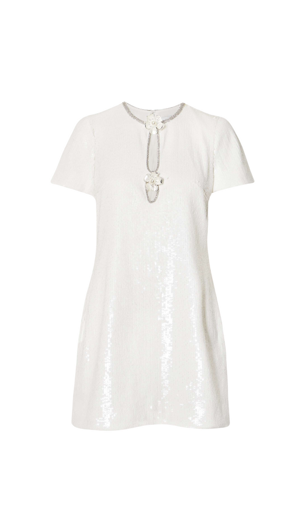 AIIZIE EDEN WHITE EMBELLISHED CUTOUT SEQUINED TULLE MINI DRESS - product image